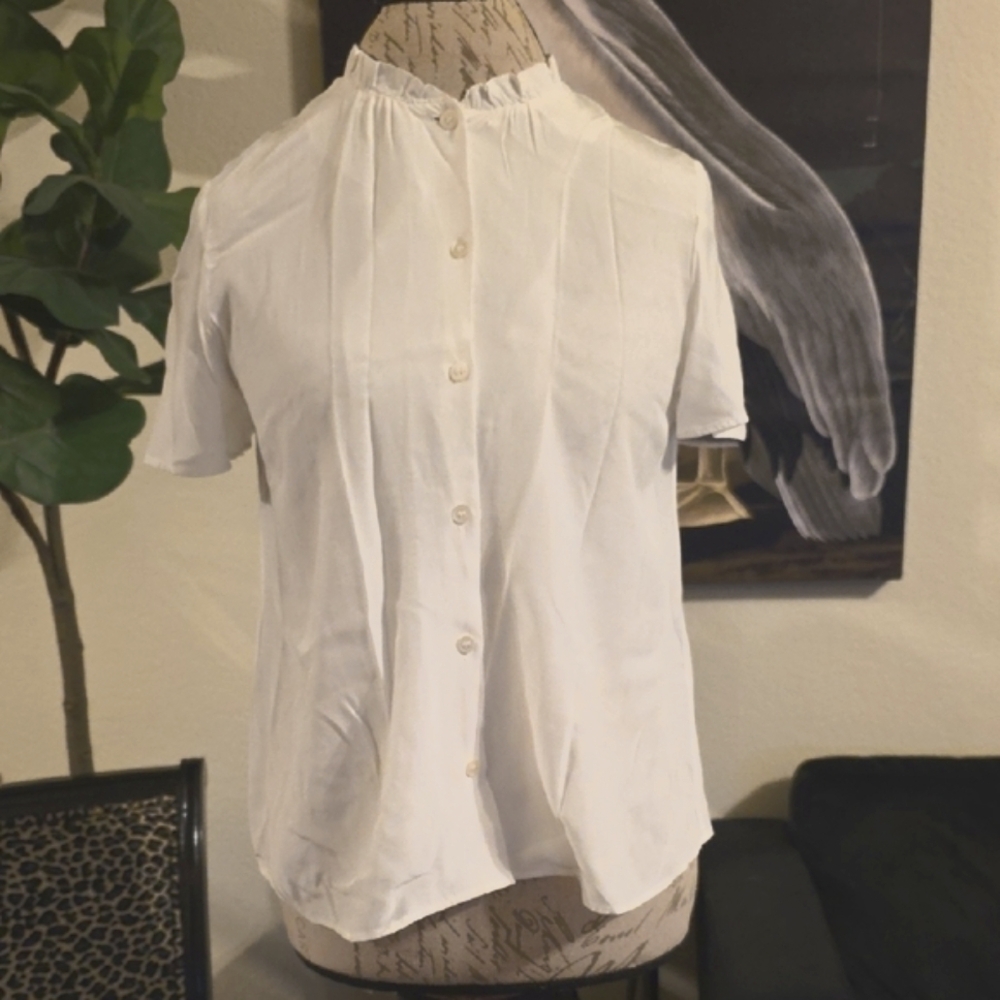 Comptoir Des Cotonniers White Short Sleeve Button-Down Blouse